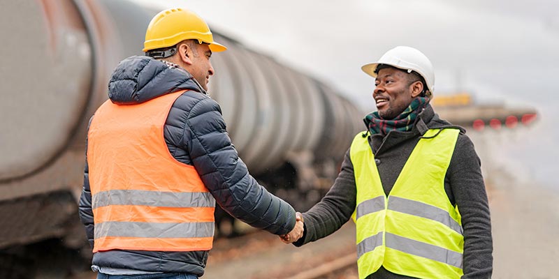 Two male ethnic workers shaking hands, wearing hardhats.